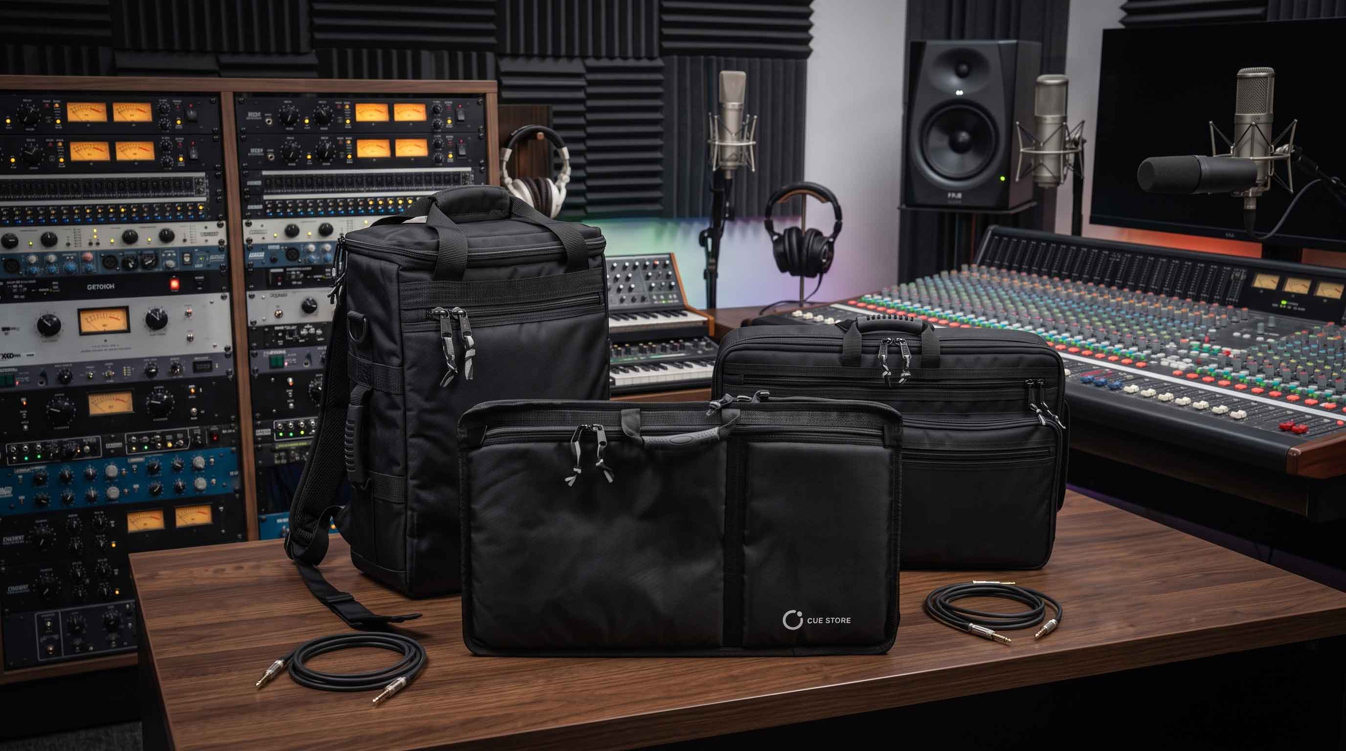 Bolsos CUE Store para equipos DJ en un estudio de grabación
